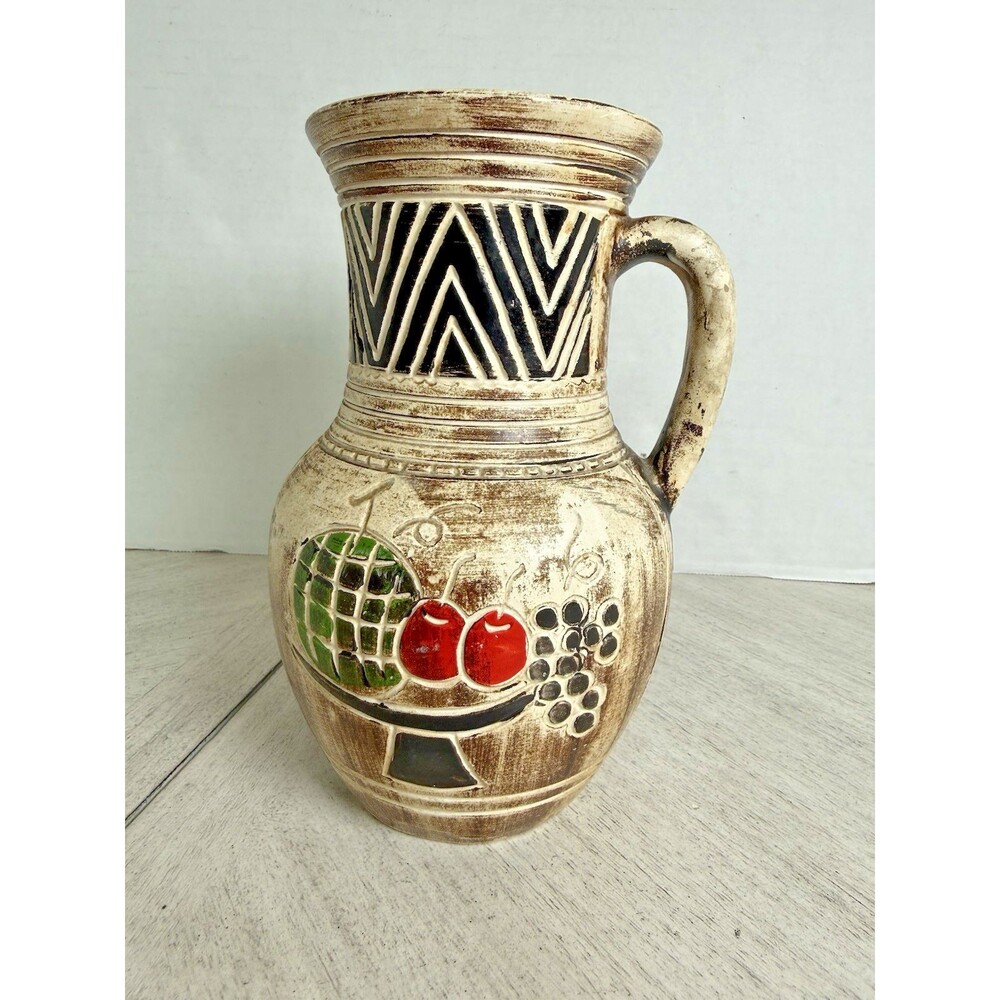 Vintage Japan Ceramic Pitcher Vase Side Handle Hand Painted Fruit Bowl Motif